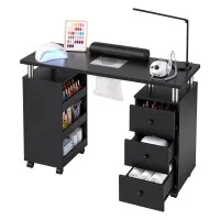 Artiss Manicure Table Nail Desk with Built-in Dust Collector, 3 Drawers, 3 Shelves, Wrist Cushion and Wheels Black