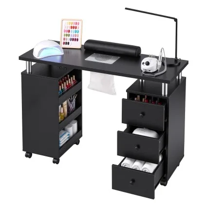 Artiss Manicure Table Nail Desk with Built-in Dust Collector, 3 Drawers, 3 Shelves, Wrist Cushion and Wheels Black