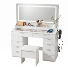Artiss Large Makeup Dressing Table Vanity with 10 Drawers LED Mirror Power Hub and Stool White