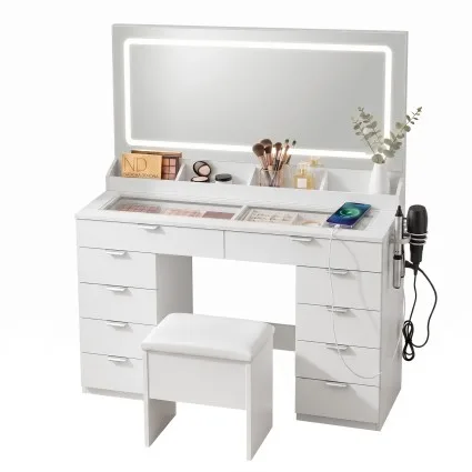 Artiss Large Makeup Dressing Table Vanity with 10 Drawers LED Mirror Power Hub and Stool White