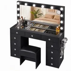 Artiss Dressing Table Set 120cm Black with LED Hollywood Mirror 11 Drawers Charging Station Stool
