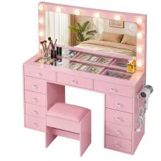 Artiss Dressing Table Set 120cm with LED Hollywood Mirror, 11 Drawers, Charging Station and Stool Pink