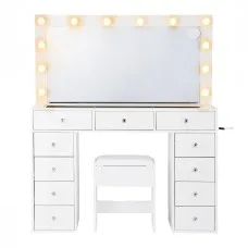 Artiss White Vanity Desk Set with LED Mirror, 11 Drawers, Tempered Glass, Charging Station, Foam-Padded Stool, 120cm
