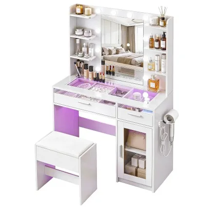 Artiss White Vanity Desk Set with 10 LED Bulbs, Adjustable RGB Lighting, USB Charging, and Storage Drawers - 90x40x142cm