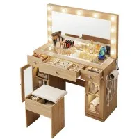 Artiss Wooden LED Dressing Table Vanity Desk Set with RGB Hollywood Mirror USB Ports 2 AC Outlets and Stool