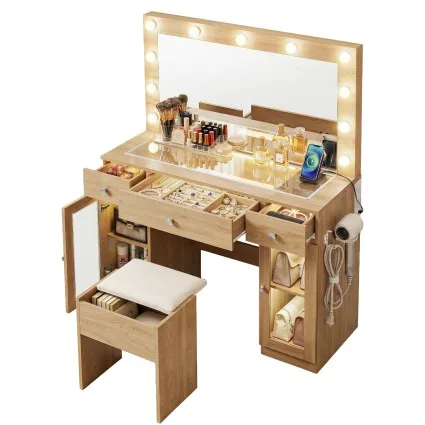 Artiss Wooden LED Dressing Table Vanity Desk Set with RGB Hollywood Mirror USB Ports 2 AC Outlets and Stool