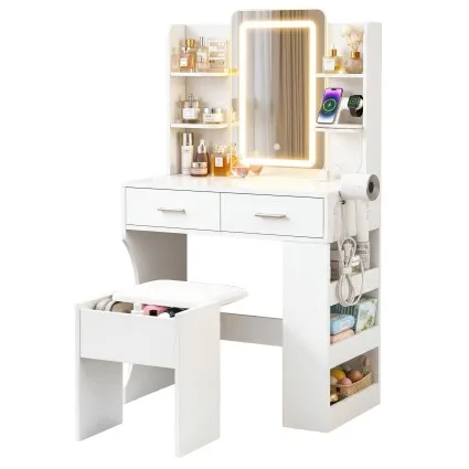 Artiss LED Vanity Dressing Table with Hollywood Mirror 3 Colour Lights Built in Charging Station White