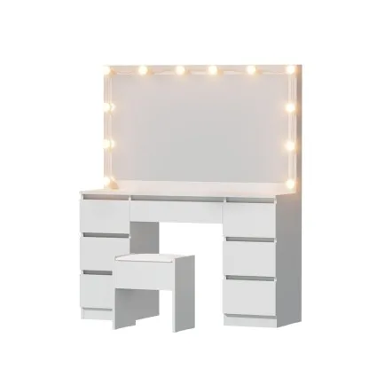 Artiss LED Dressing Table Vanity Set, White, 12 Bulbs, 7 Drawers, PU Leather Stool, 118x39x143cm, Adjustable Lighting