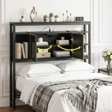 Artiss King Single Storage Bedhead with Integrated Charging Station Black MDF Metal Hidden Storage Compartment