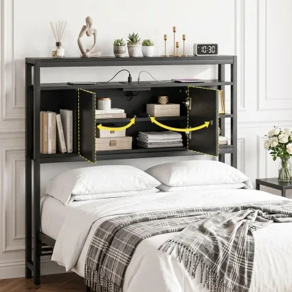 Artiss King Single Storage Bedhead with Integrated Charging Station Black MDF Metal Hidden Storage Compartment