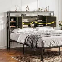 Artiss Queen Storage Bed Headboard with Integrated Charging Station Black 155cm x 106cm 16cm Depth 2 AC USB Type C