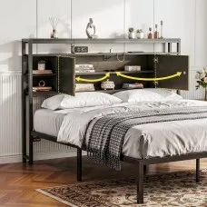 Artiss Queen Storage Bed Headboard with Integrated Charging Station Black 155cm x 106cm 16cm Depth 2 AC USB Type C