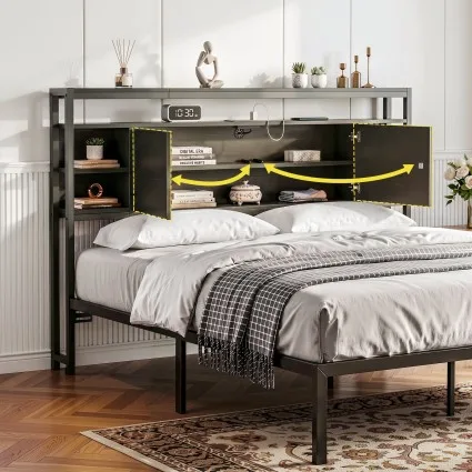 Artiss Queen Storage Bed Headboard with Integrated Charging Station Black 155cm x 106cm 16cm Depth 2 AC USB Type C
