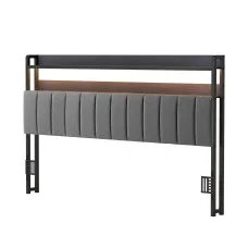 Artiss King Upholstered Headboard with Charging Station Two-Tier Storage Shelves and RGB LED Lighting Black and Dark Grey