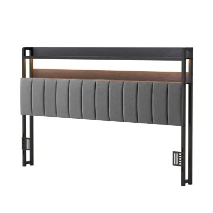 Artiss King Upholstered Headboard with Charging Station Two-Tier Storage Shelves and RGB LED Lighting Black and Dark Grey
