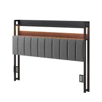 Artiss Queen Upholstered Storage Headboard with Charging Station and RGB LED Lighting Black and Dark Grey