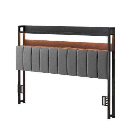 Artiss Queen Upholstered Storage Headboard with Charging Station and RGB LED Lighting Black and Dark Grey