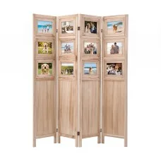 Artiss 4 Panel Folding Room Divider with 12 Rotatable Photo Frames Natural Solid Wood Privacy Screen Partition