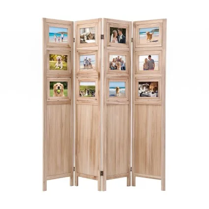 Artiss 4 Panel Folding Room Divider with 12 Rotatable Photo Frames Natural Solid Wood Privacy Screen Partition