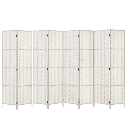 Artiss 8 Panel Room Divider, 326x170cm, Woven White, Poplar Wood, Hand-Woven, Eco-Friendly, Foldable, Lightweight