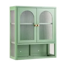 Artiss 60cm Wall Mounted Buffet Cabinet Fluted Glass Display Storage Adjustable Shelf Sage Green French Style