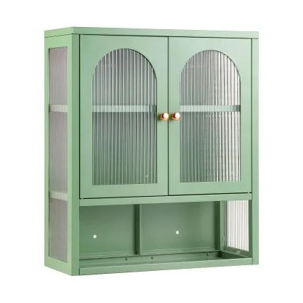 Artiss 60cm Wall Mounted Buffet Cabinet Fluted Glass Display Storage Adjustable Shelf Sage Green French Style