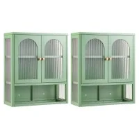 Artiss Wall Mounted Buffet Cabinet Set of 2 3-Tier Fluted Glass Storage Sage Green with Adjustable Shelf