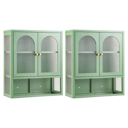 Artiss Wall Mounted Buffet Cabinet Set of 2 3-Tier Fluted Glass Storage Sage Green with Adjustable Shelf