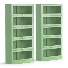 Artiss ELIA 2x Buffet Sideboard Cabinet 5-Tier Metal Mesh Doors Light Green 79cm x 32cm x 175cm Cold Rolled Steel
