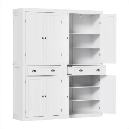 2 Artiss 6-Tier Buffet Sideboard Cabinet White MDF Tallboy Pantry Cupboard with Drawer and Anti-Tip Strap