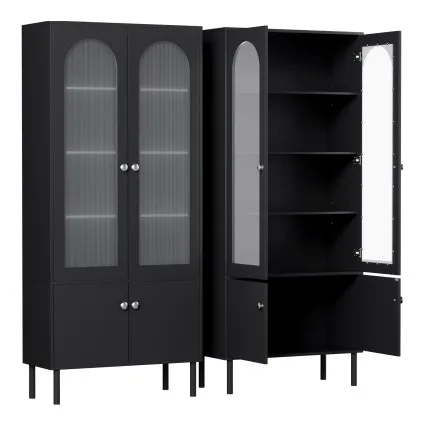 Artiss Lency 2x Buffet Sideboard 5-Tier Fluted Black Storage Cabinets with Drawers and Anti-Tip Kit Set