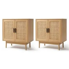 Artiss 2 Buffet Sideboard Rattan Cupboard with Real Rattan Doors and Solid Eucalyptus Legs 70x40x75cm