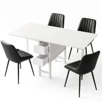 Artiss 5pc Foldable Dining Set Gateleg Table with 2 Drawers and 4 PU Leather Chairs Black White 150cm