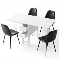 Artiss 5pc Foldable Dining Table and Chairs Set Black White 150cm Gateleg with Drawers and PU Chairs