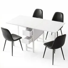 Artiss 5pc Foldable Dining Table and Chairs Set Black White 150cm Gateleg with Drawers and PU Chairs