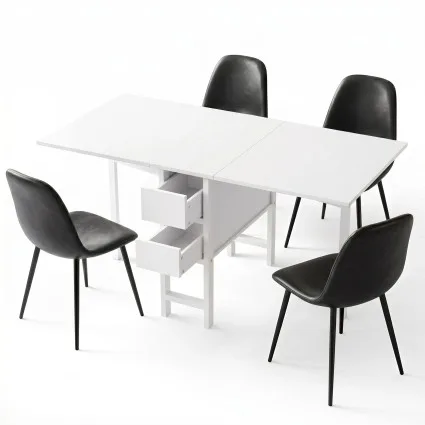 Artiss 5pc Foldable Dining Table and Chairs Set Black White 150cm Gateleg with Drawers and PU Chairs