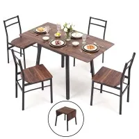 Artiss 5 Piece Dining Table and Chairs Set 60-120cm Extendable Drop Leaf Table Natural Brown and White