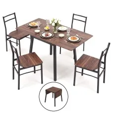 Artiss 5 Piece Dining Table and Chairs Set 60-120cm Extendable Drop Leaf Table Natural Brown and White