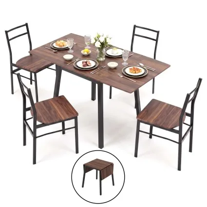 Artiss 5 Piece Dining Table and Chairs Set 60-120cm Extendable Drop Leaf Table Natural Brown and White