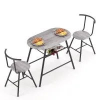 Artiss 3-Piece Oval Dining Table Set with Wine Rack, Black Marble/Grey/Natural White, Space-Saving Bistro Design