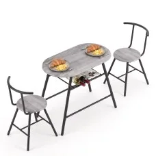 Artiss 3-Piece Oval Dining Table Set with Wine Rack, Black Marble/Grey/Natural White, Space-Saving Bistro Design