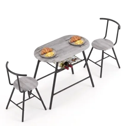 Artiss 3-Piece Oval Dining Table Set with Wine Rack, Black Marble/Grey/Natural White, Space-Saving Bistro Design
