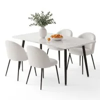 Artiss 5-Piece Dining Set 150cm Marble Effect Table with 4 White Sherpa Chairs Thick 25mm Top Metal Legs