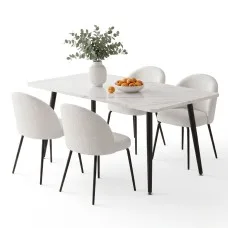 Artiss 5-Piece Dining Set 150cm Marble Effect Table with 4 White Sherpa Chairs Thick 25mm Top Metal Legs