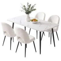 Artiss 5-Piece Dining Table and Chairs Set 150cm Marble Effect White Table with 4 Sherpa Chairs 25mm Top
