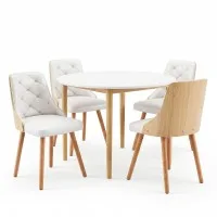 Artiss 5PCS Round Dining Table and 4 PU Leather Chairs Set 108cm White Nordic Pine Beech Design 5PCS