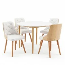 Artiss 5PCS Round Dining Table and 4 PU Leather Chairs Set 108cm White Nordic Pine Beech Design 5PCS