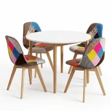 Artiss 108cm Round Dining Table and 4 Fabric Eiffel Chairs Set White Top Pine Legs Beech Wood Seats Mid-Century