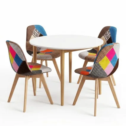 Artiss 108cm Round Dining Table and 4 Fabric Eiffel Chairs Set White Top Pine Legs Beech Wood Seats Mid-Century