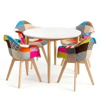 Artiss Dining Table and 4 Mid-Century Chairs Set 108cm Round White MDF Tabletop Pine Legs Linen Chairs